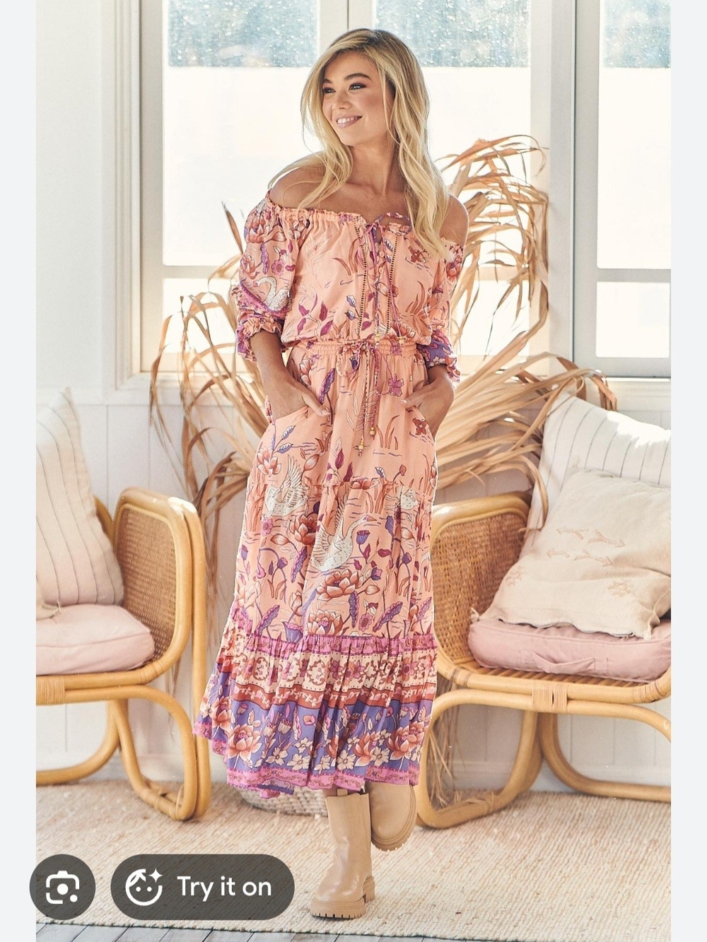 Jaase Princess Swan Print Peach & Purple Floral Off-Shoulder Tiana Maxi Dress. L